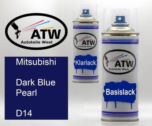 Mitsubishi, Dark Blue Pearl, D14: 400ml Sprühdose + 400ml Klarlack - Set, von ATW Autoteile West.